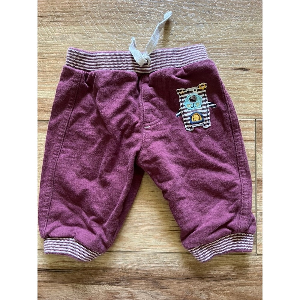 Tu Jogger Pants Kids 3-6 Months Plum Purple Bear Patch Striped Trim Fleece Lined